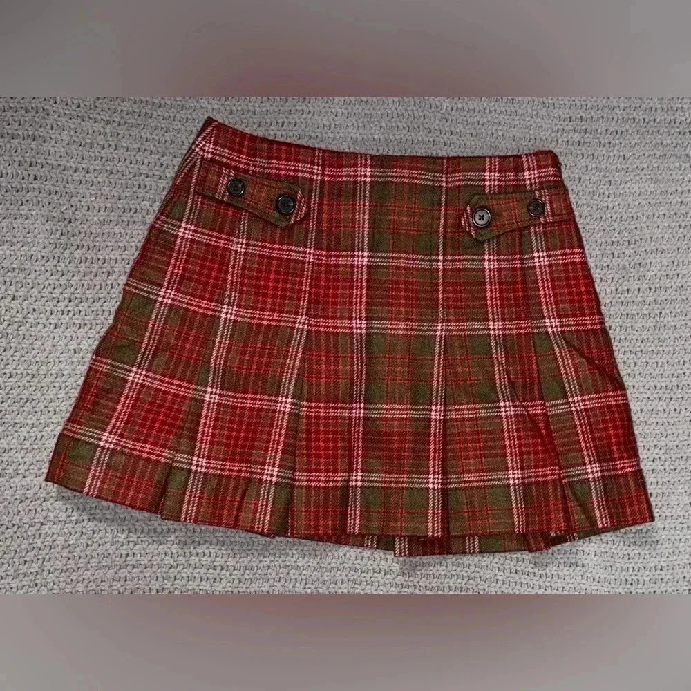 Gap Plaid Wool Micro Mini Pleated Red Brown Academia School Girl Skirt Y2K SZ 1